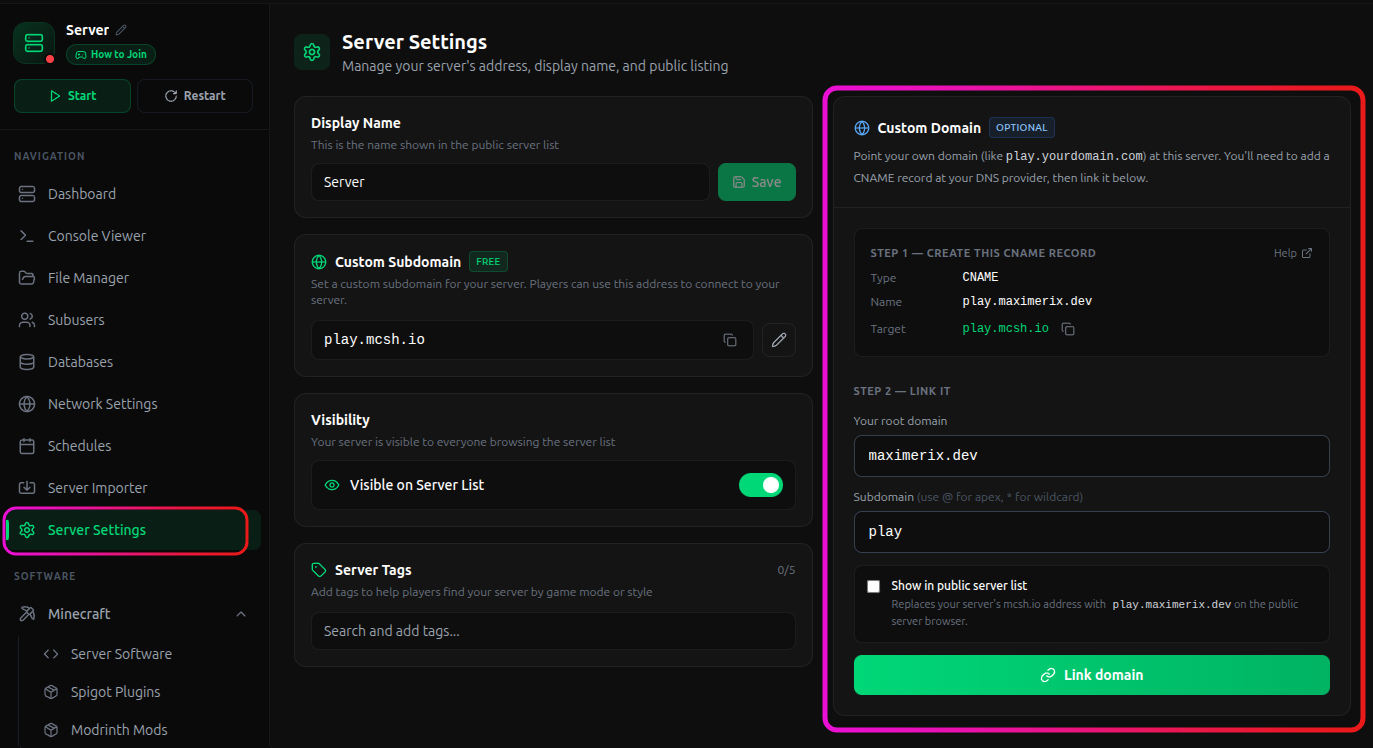 Custom Domain section