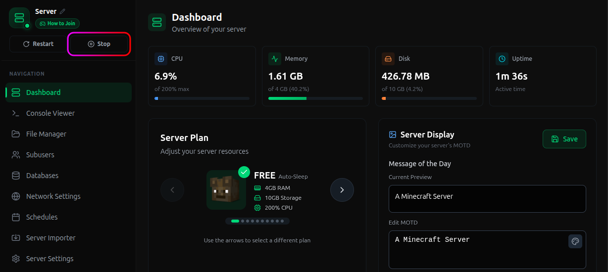 Stop server button