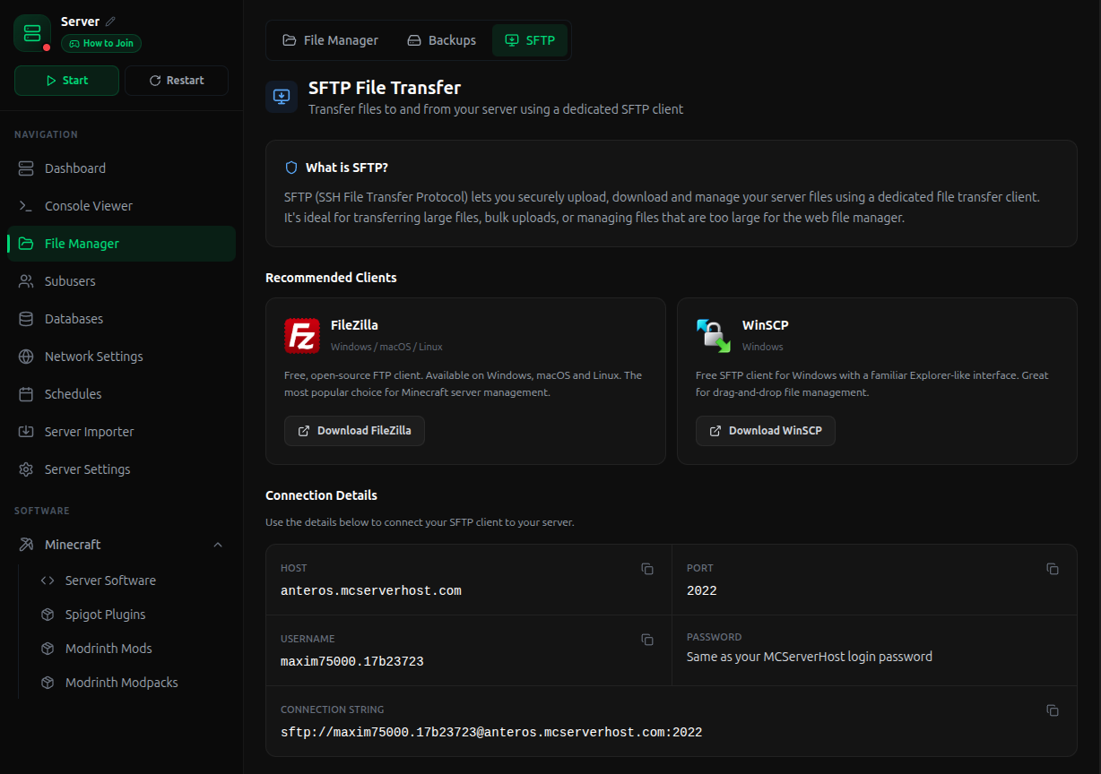 SFTP tab in File Manager