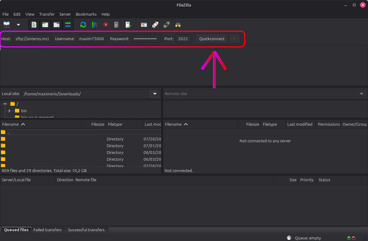 FileZilla Quickconnect