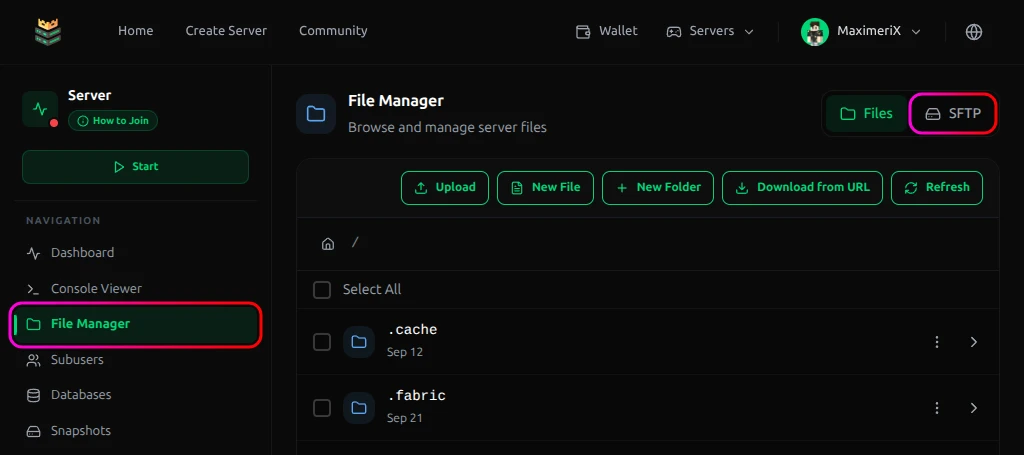 File Manager with the SFTP tab highlighted