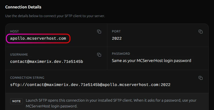 SFTP settings showing the Host field
